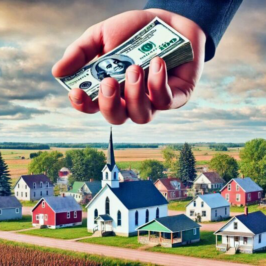 Money in a hand over small town.