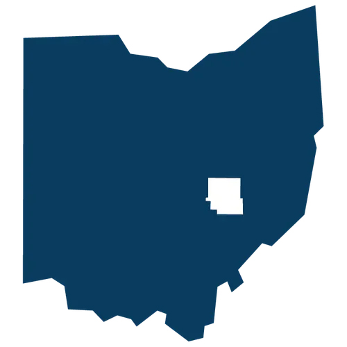 Muskingum county highlighted within the shape of Ohio.
