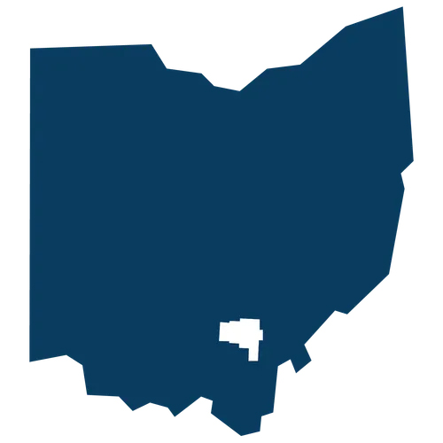 Vinton County highlighted within the shape of Ohio.